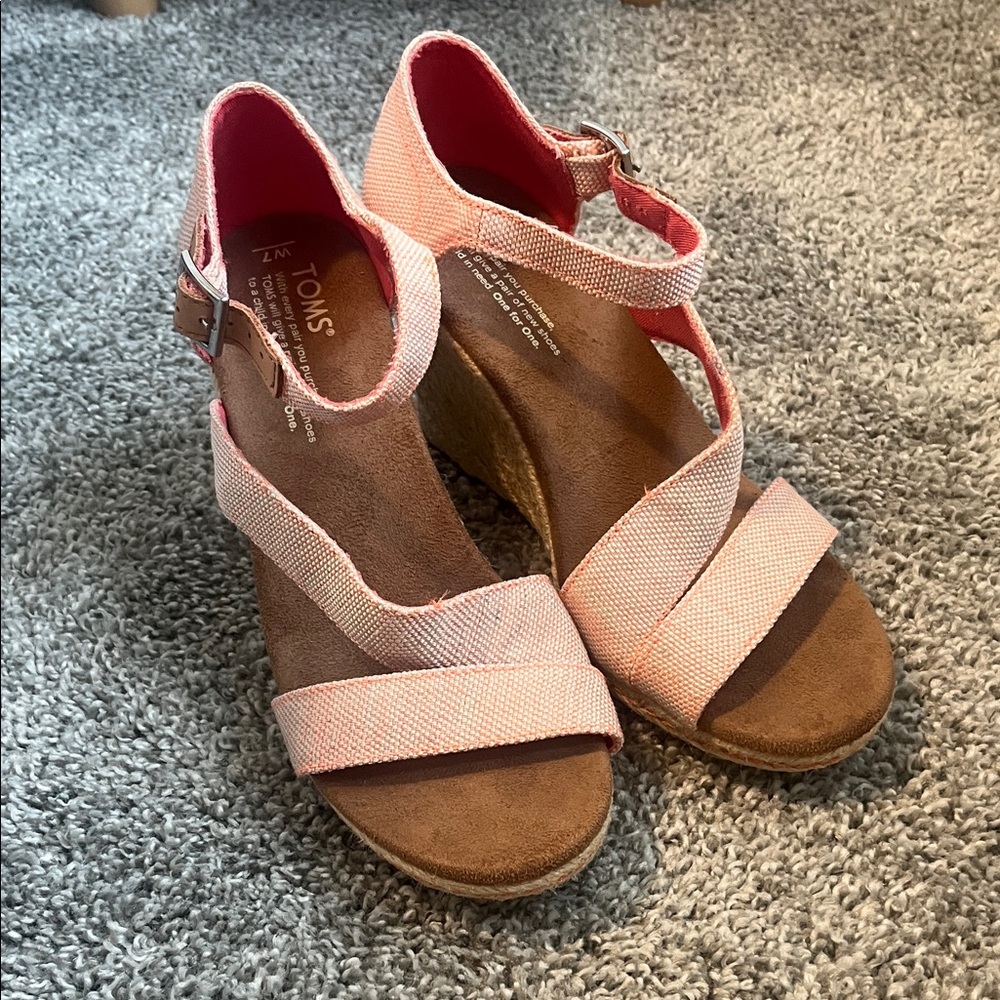Toms Pink and Brown Wedge Sandals Size 7